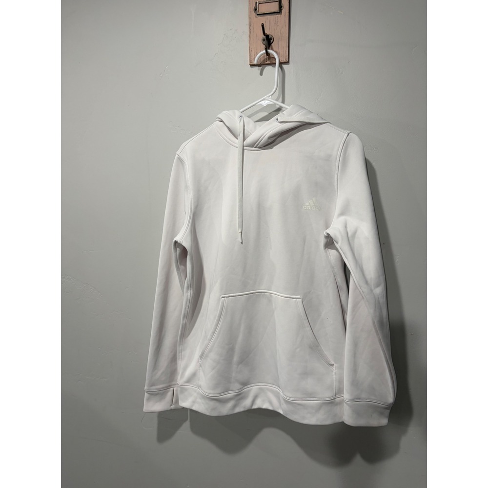 Adidas Mens White Fleece Pullover Hoodie Sweatshirt Solid White Logo Size Small
